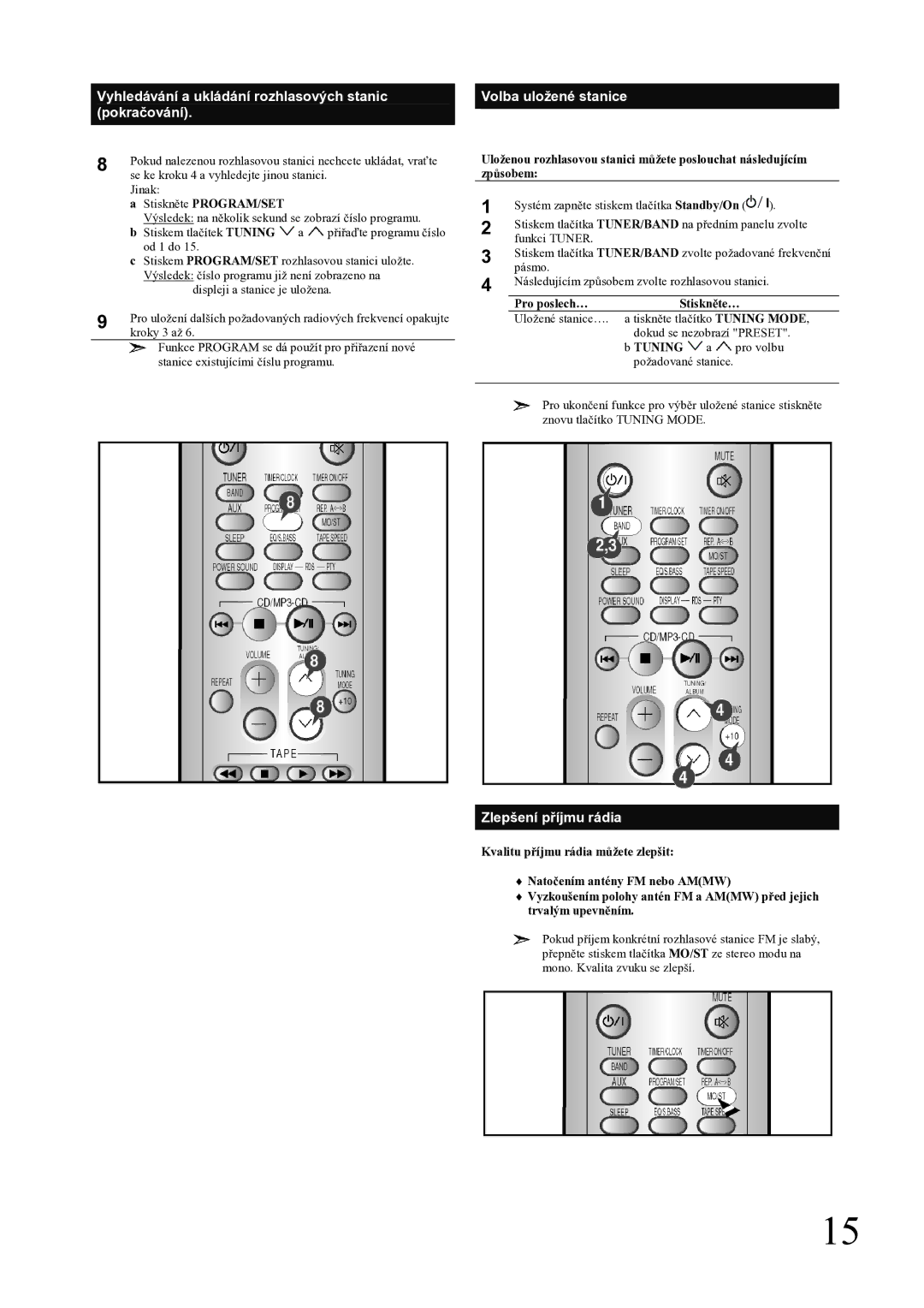 Samsung MM-ZJ5R/ELS manual Zlepšení příjmu rádia, Stiskněte PROGRAM/SET, Pro poslech… Stiskněte… 