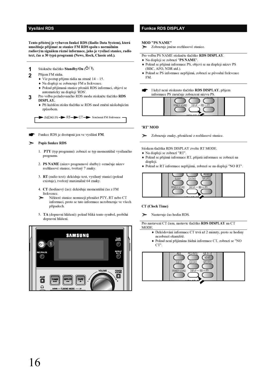 Samsung MM-ZJ5R/ELS manual Vysílání RDS Funkce RDS Display, MOD PS Name, Rt Mod 