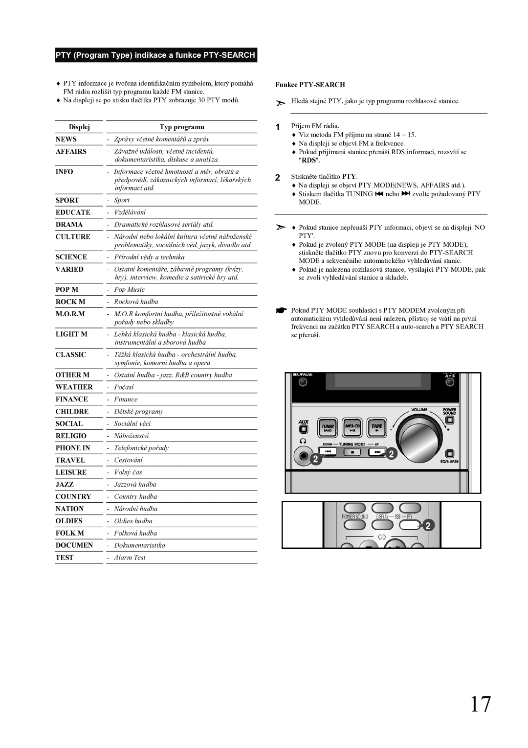 Samsung MM-ZJ5R/ELS manual PTY Program Type indikace a funkce PTY-SEARCH, Funkce PTY-SEARCH, Displej, Typ programu 