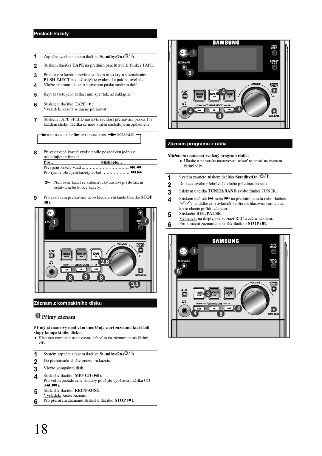 Samsung MM-ZJ5R/ELS manual Poslech kazety, Záznam z kompaktního disku, Záznam programu z rádia, Pro…Stiskněte… 