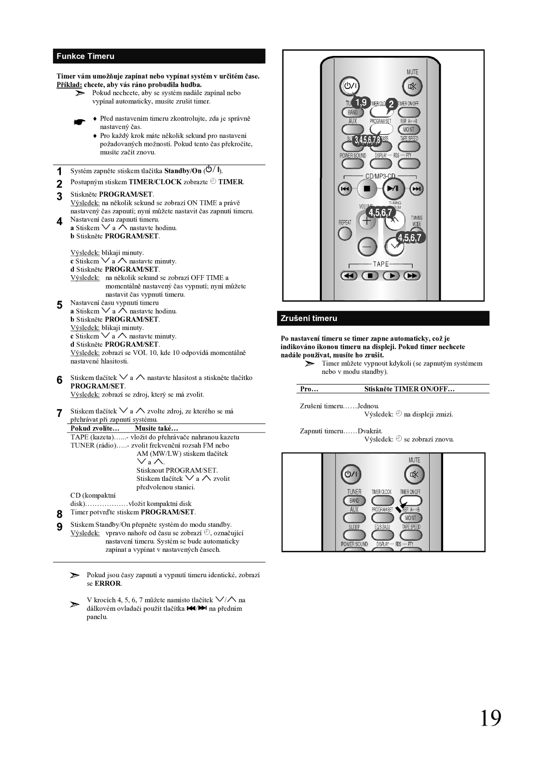 Samsung MM-ZJ5R/ELS manual Funkce Timeru, Zrušení timeru, Program/Set 