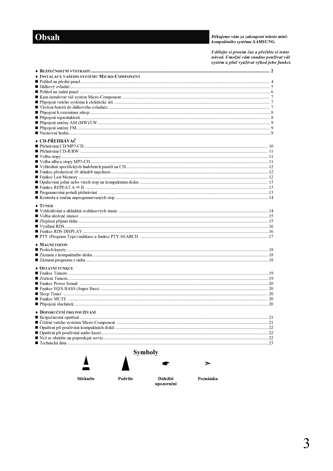 Samsung MM-ZJ5R/ELS manual Obsah, Cd-Přehrávač, Stiskněte Podržte 