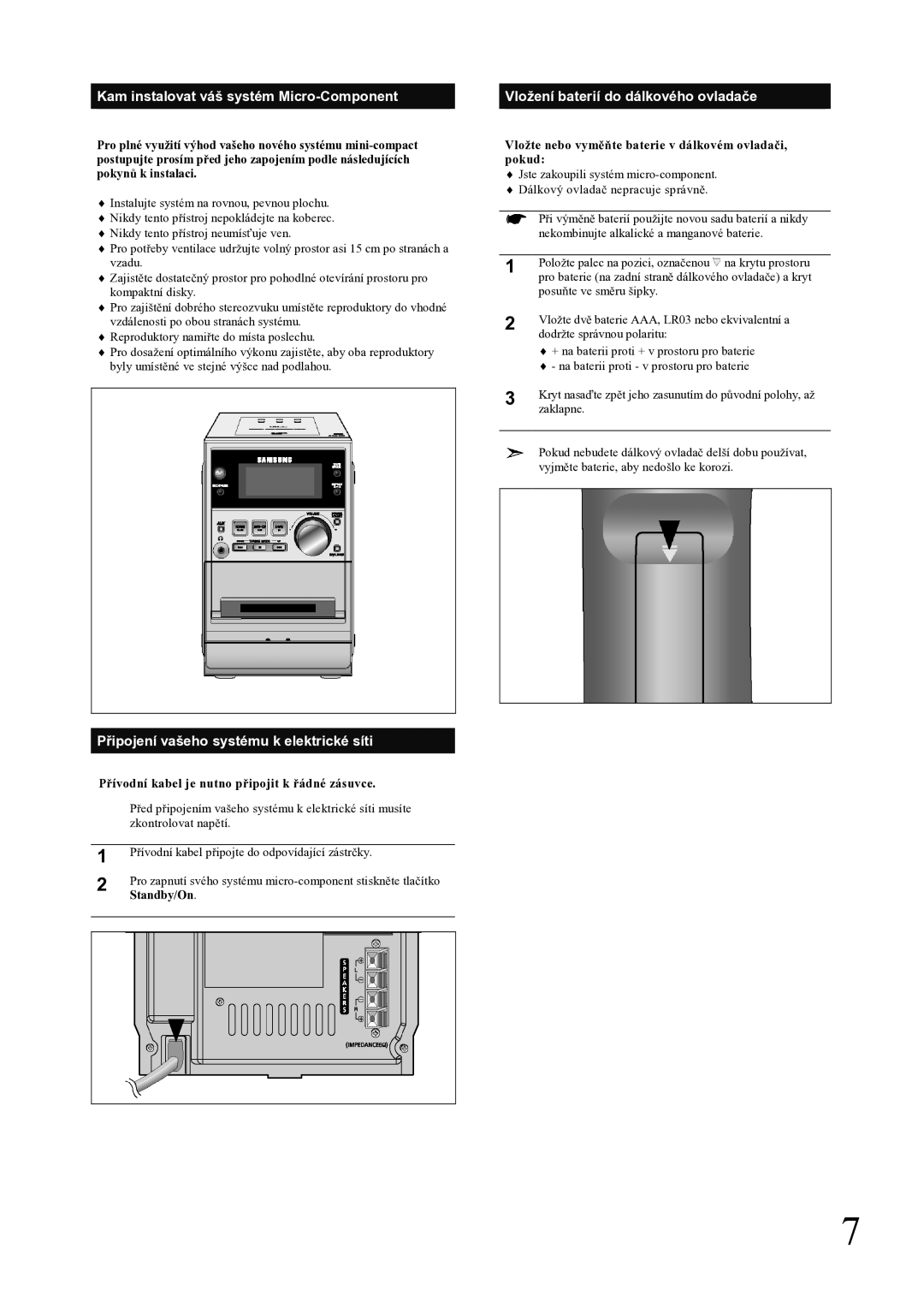 Samsung MM-ZJ5R/ELS manual Kam instalovat váš systém Micro-Component, Vložení baterií do dálkového ovladače 