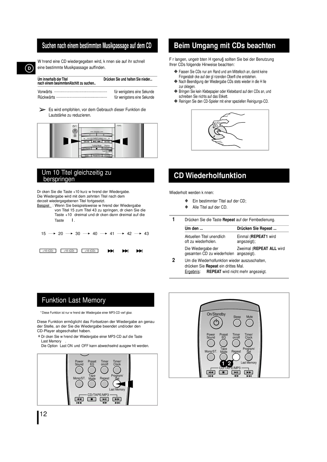 Samsung MM-ZL7, MMZL7RH/ELS manual Beim Umgang mit CDs beachten, CD Wiederholfunktion, Eine bestimmte Musikpassage auffinden 