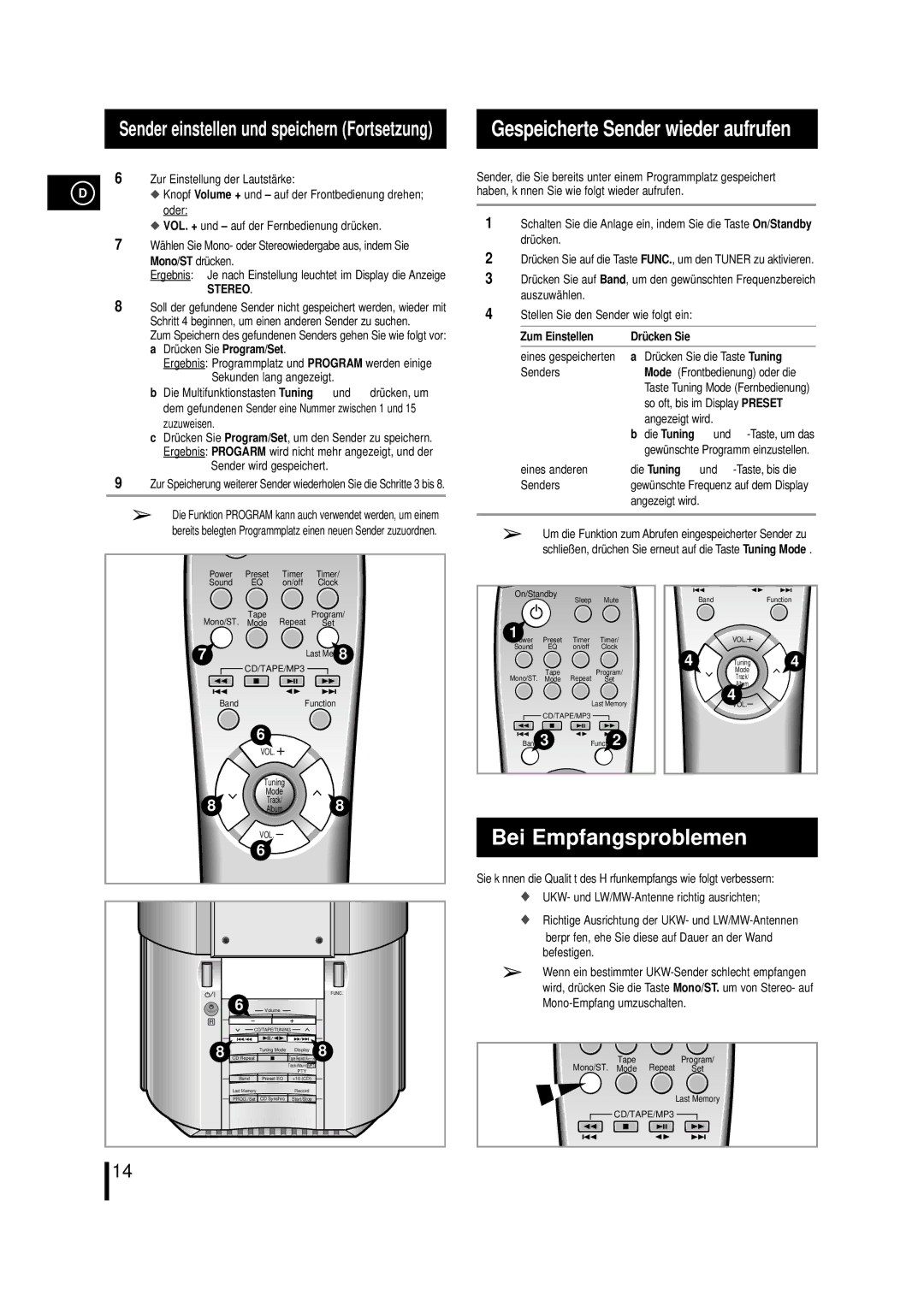 Samsung MM-ZL7, MMZL7RH/ELS manual Bei Empfangsproblemen, Stereo, Haben, können Sie wie folgt wieder aufrufen 