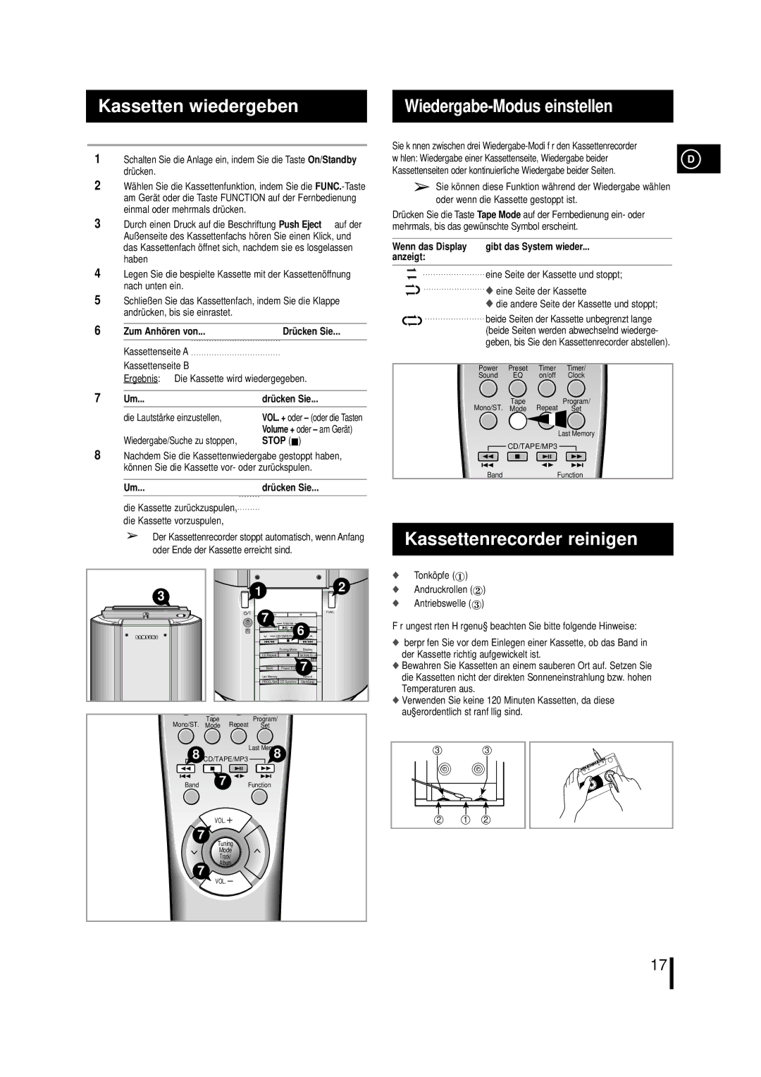 Samsung MMZL7RH/ELS, MM-ZL7 manual Kassetten wiedergeben, Kassettenrecorder reinigen, Stop, Gibt das System wieder, Anzeigt 