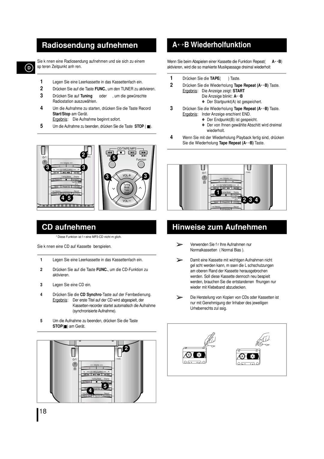 Samsung MM-ZL7, MMZL7RH/ELS manual Radiosendung aufnehmen, ↔ B Wiederholfunktion, CD aufnehmen, Hinweise zum Aufnehmen 