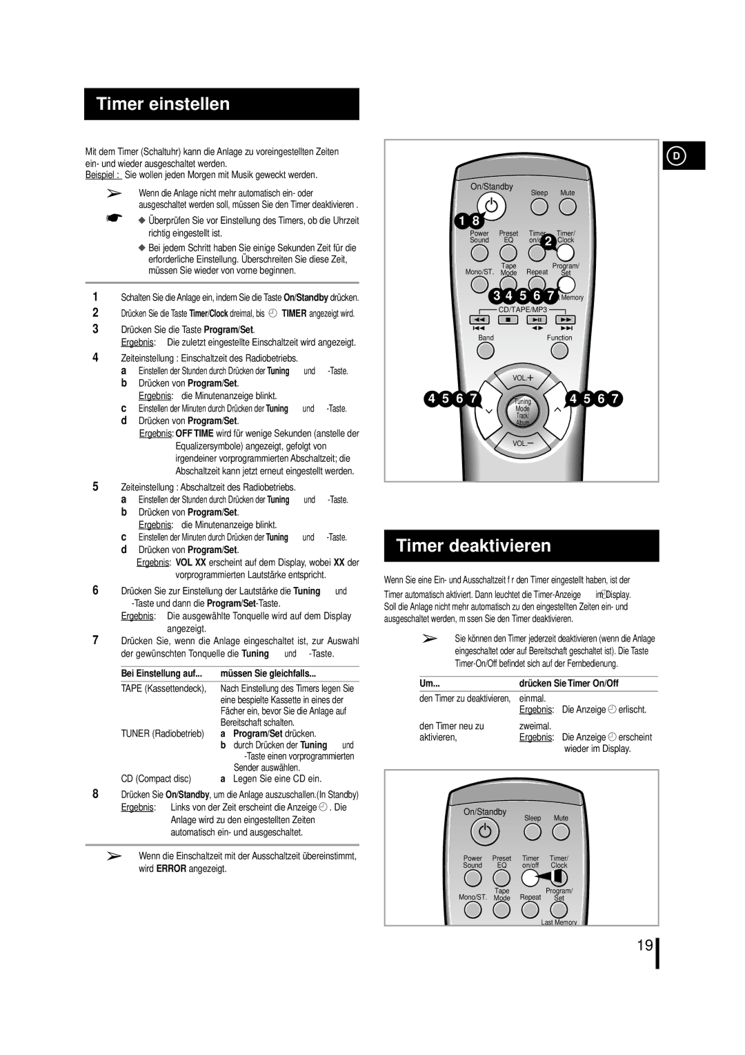 Samsung MMZL7RH/ELS, MM-ZL7 manual Timer einstellen, Timer deaktivieren 