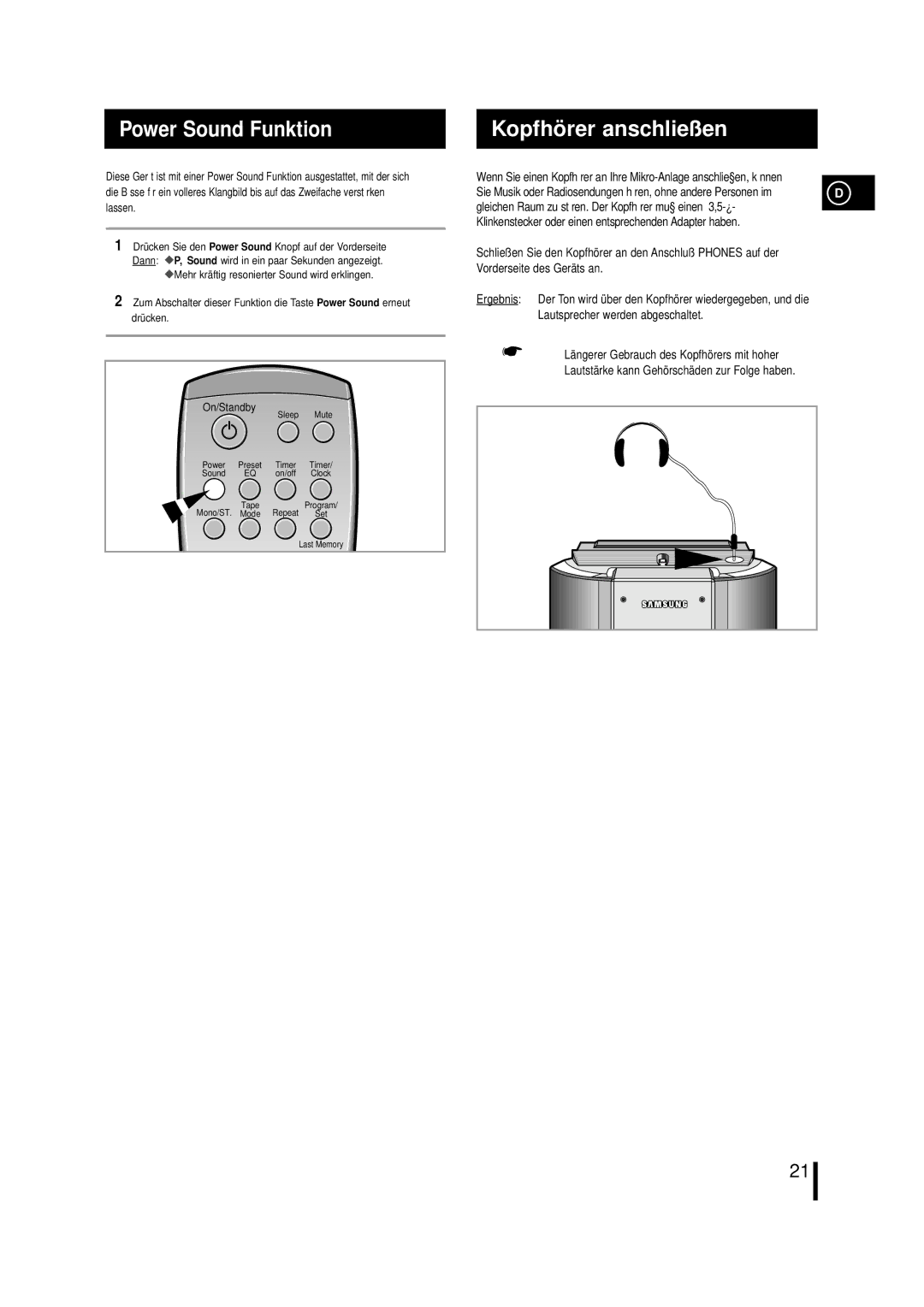 Samsung MMZL7RH/ELS, MM-ZL7 manual Power Sound Funktion, Kopfhö rer anschließen 