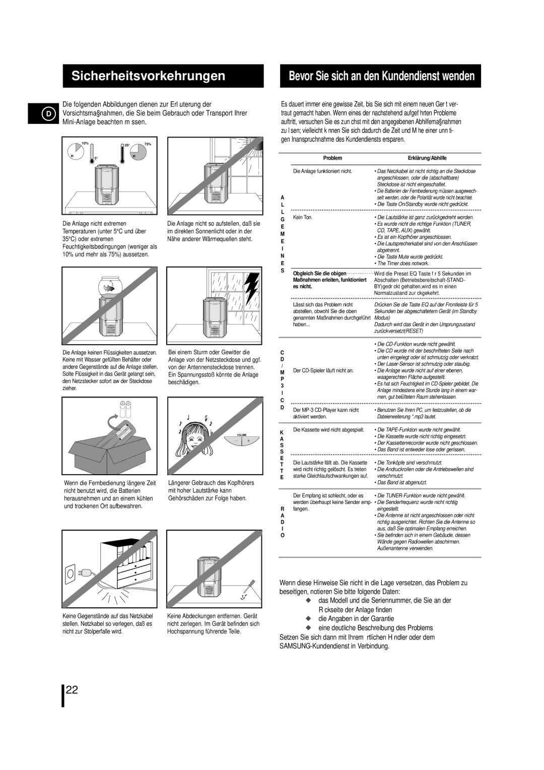 Samsung MM-ZL7, MMZL7RH/ELS manual Sicherheitsvorkehrungen, Bevor Sie sich an den Kundendienst wenden 