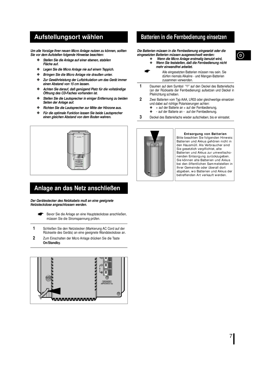 Samsung MMZL7RH/ELS, MM-ZL7 manual Aufstellungsort wä hlen, Anlage an das Netz anschließen 