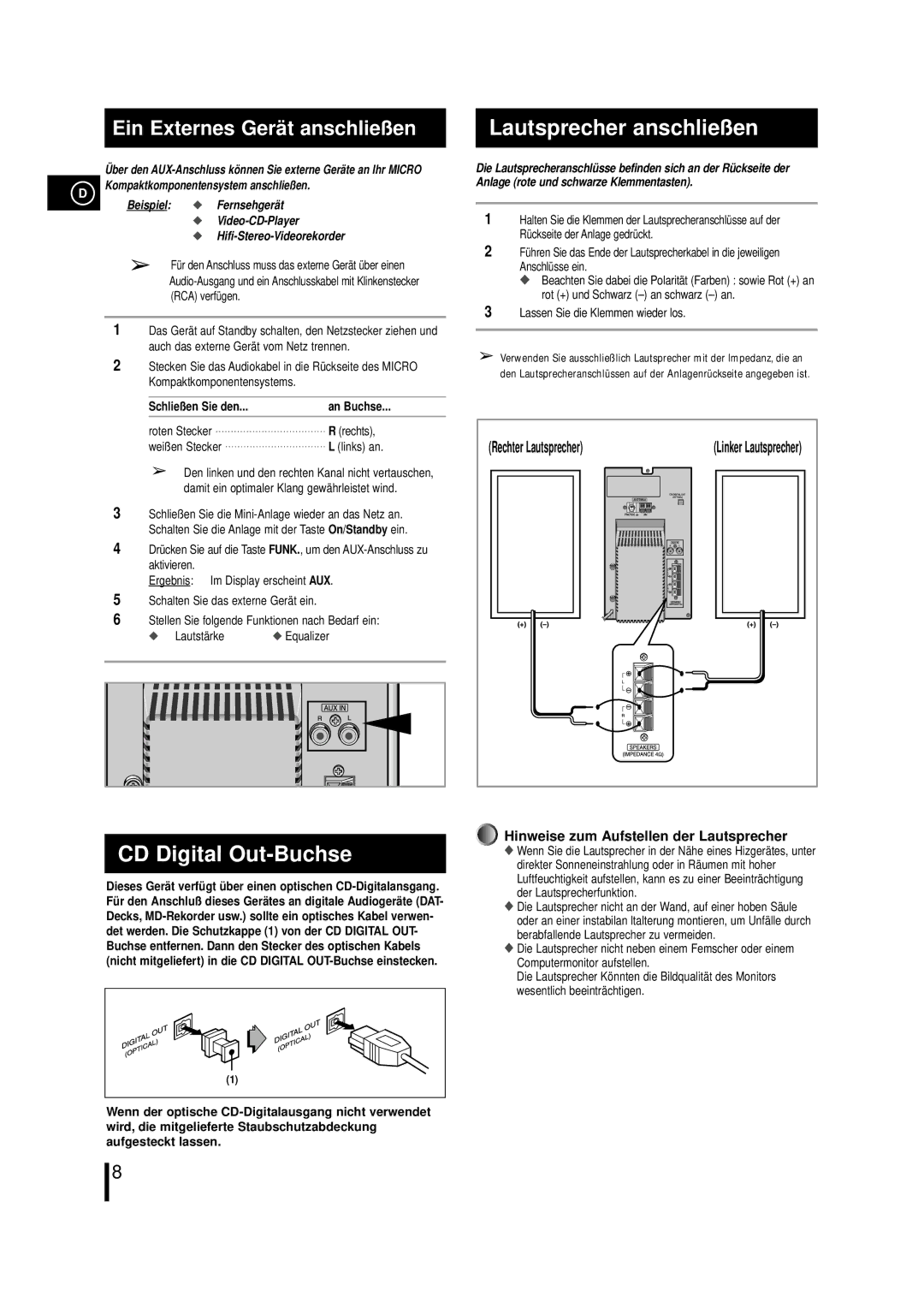 Samsung MM-ZL7, MMZL7RH/ELS manual CD Digital Out-Buchse, Lautsprecher anschließen, Lassen Sie die Klemmen wieder los 