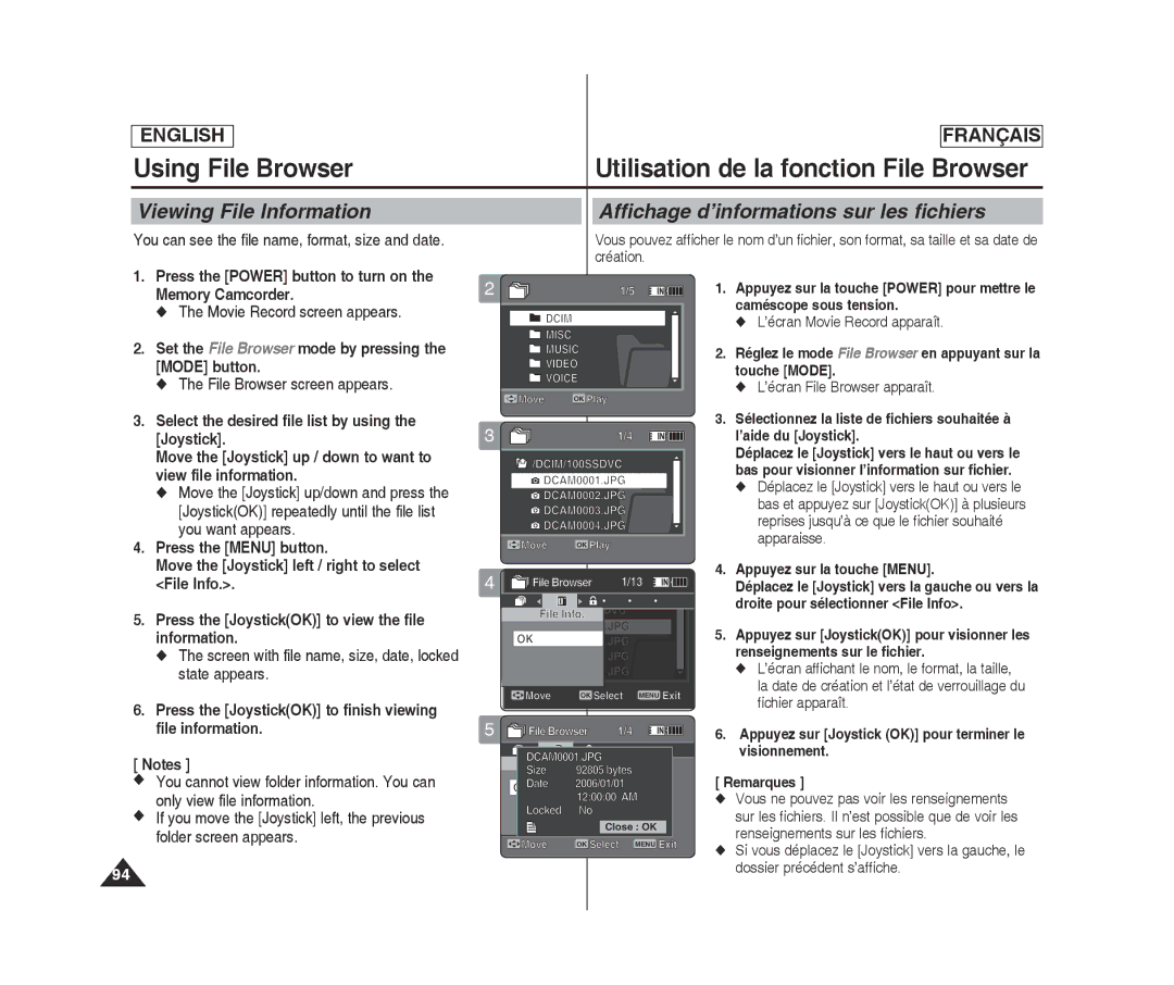 Samsung MM11S(BL), MM12S(BL) Press the JoystickOK to view the file, Information, Screen with file name, size, date, locked 