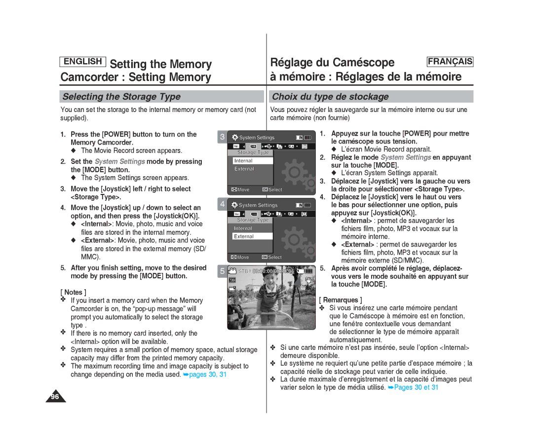 Samsung MM12S(BL) manual Setting the Memory Réglage du Caméscope, Camcorder Setting Memory Mémoire Réglages de la mémoire 