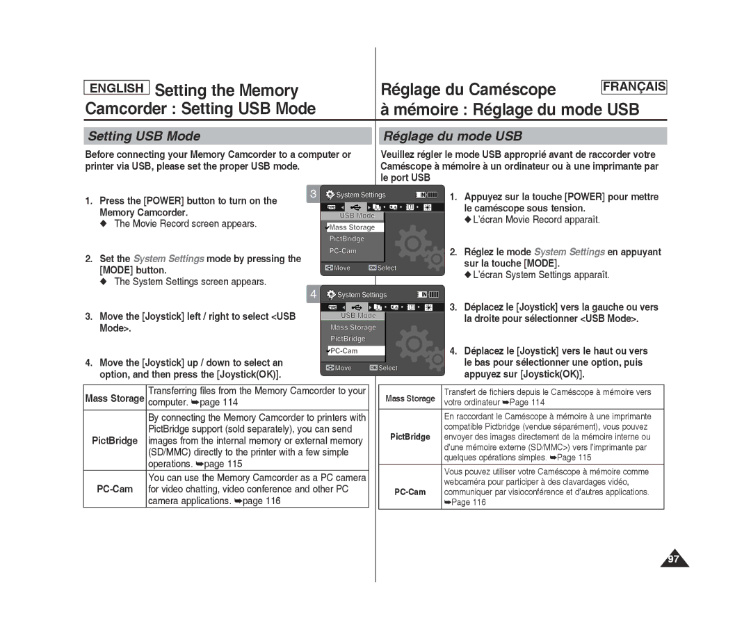 Samsung MM11S(BL), MM12S(BL) Camcorder Setting USB Mode Mémoire Réglage du mode USB, Setting USB Mode Réglage du mode USB 