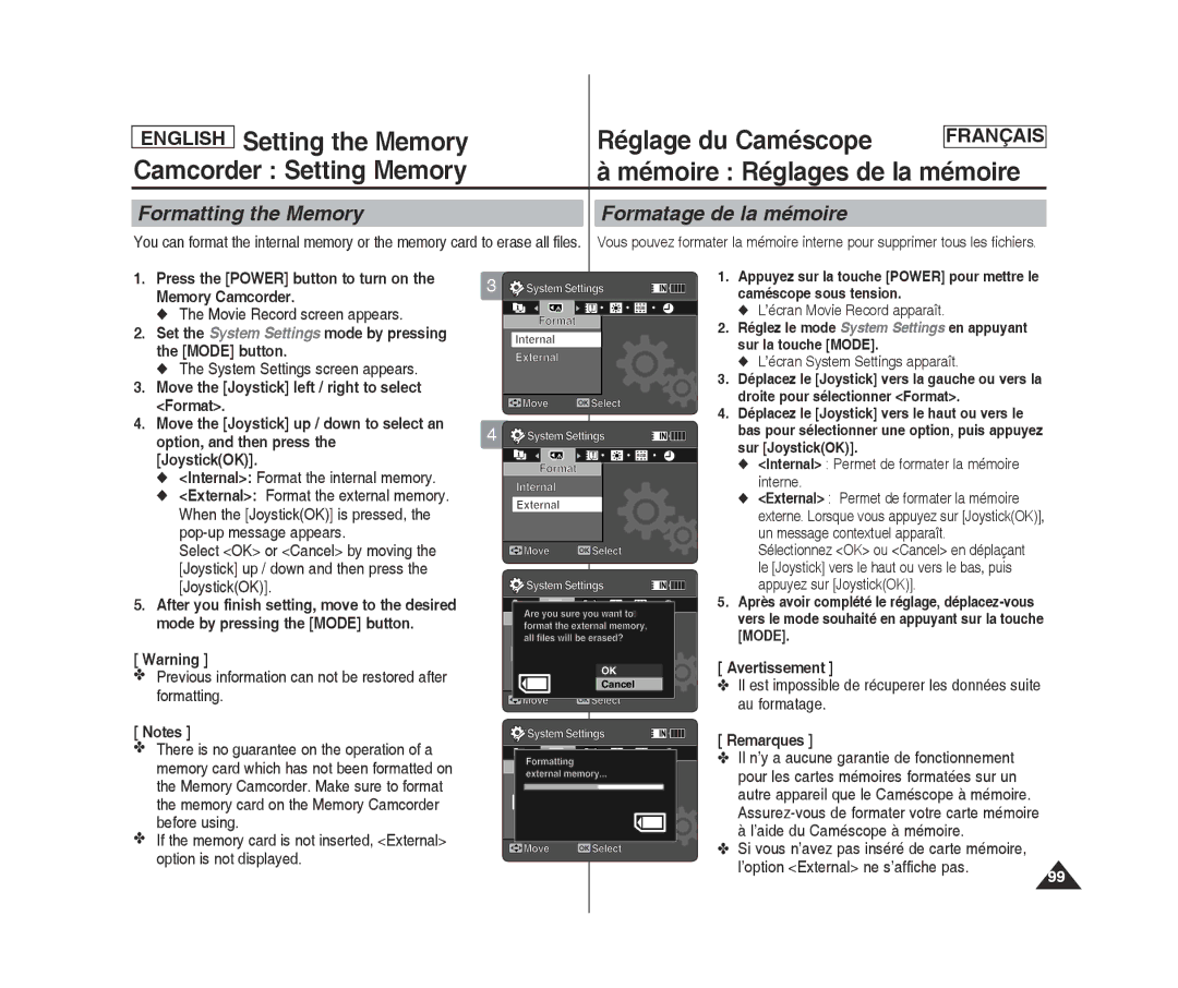 Samsung MM12S(BL) Formatting the Memory, Formatage de la mémoire, Set the System Settings mode by pressing the Mode button 