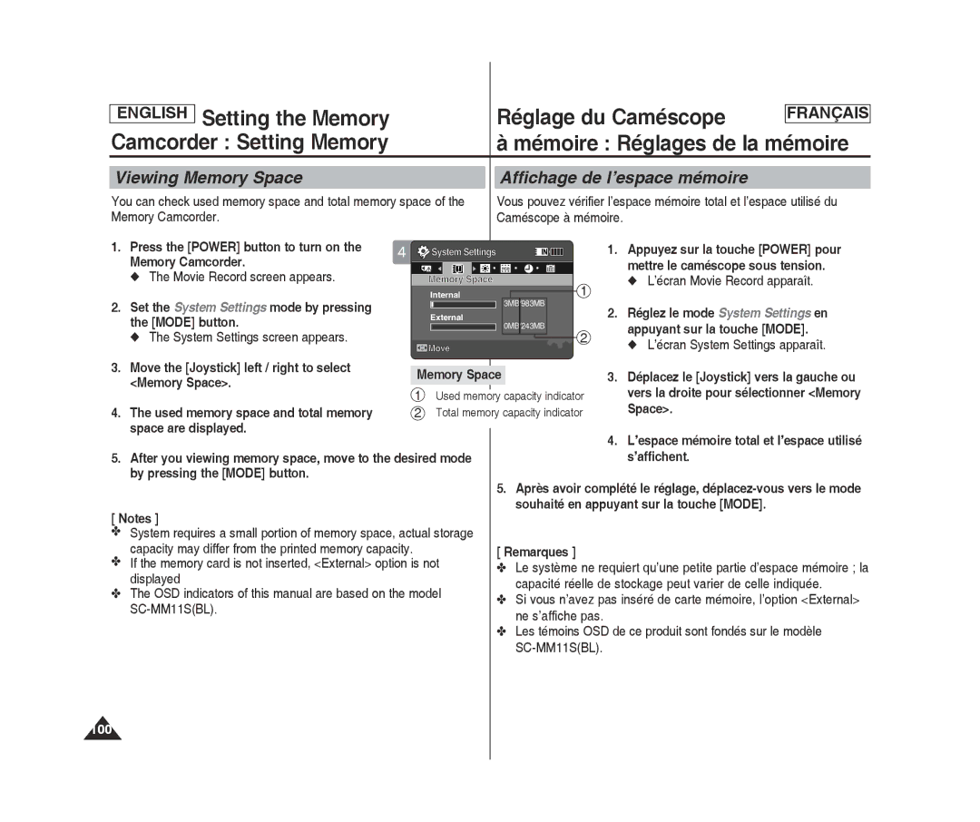 Samsung MM11S(BL), MM12S(BL), SC-MM10S(BL) manual Viewing Memory Space Affichage de l’espace mémoire 