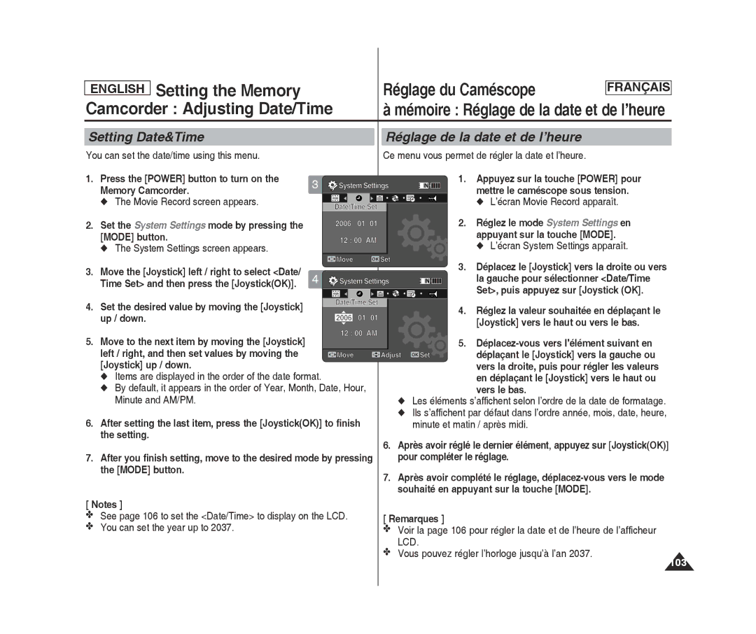 Samsung MM11S(BL) Setting the Memory, Camcorder Adjusting Date/Time, Setting Date&Time Réglage de la date et de l’heure 