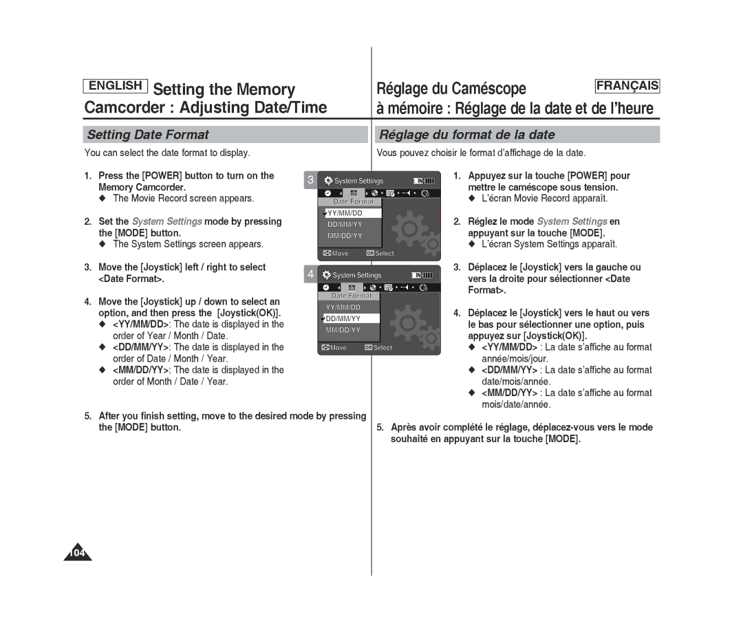 Samsung SC-MM10S(BL) manual Setting Date Format Réglage du format de la date, You can select the date format to display 