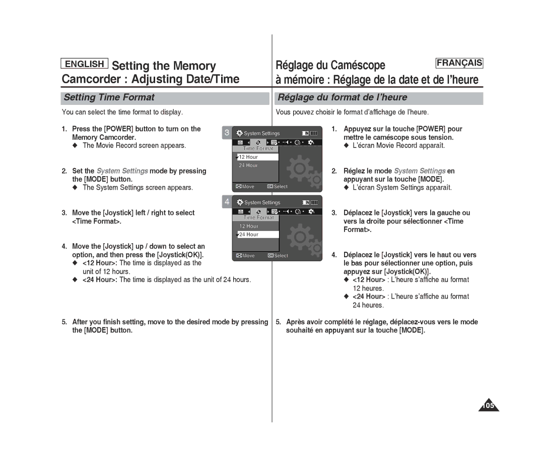 Samsung MM12S(BL), MM11S(BL), SC-MM10S(BL) English Setting the Memory, Setting Time Format Réglage du format de l’heure 