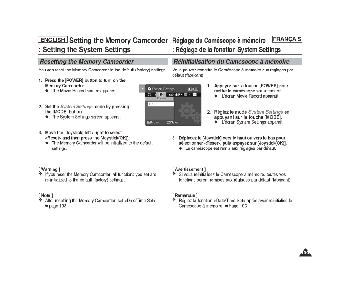 Samsung MM11S(BL), MM12S(BL) manual Memory Camcorder Appuyez sur la touche Power pour, Caméscope à mémoire, Défaut fabricant 