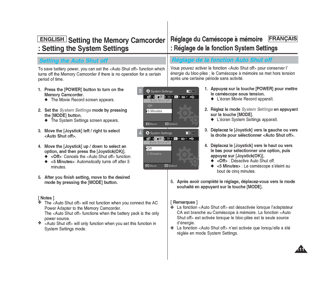 Samsung MM12S(BL) manual Auto Shut off, Bout de cinq minutes, After you finish setting, move to the desired, Power source 