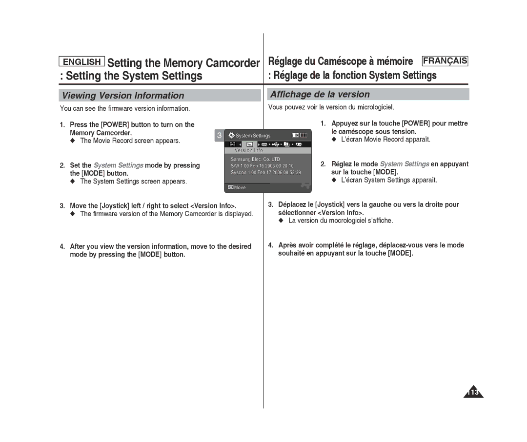 Samsung SC-MM10S(BL) manual Affichage de la version, Viewing Version Information, Appuyez sur la touche Power pour mettre 