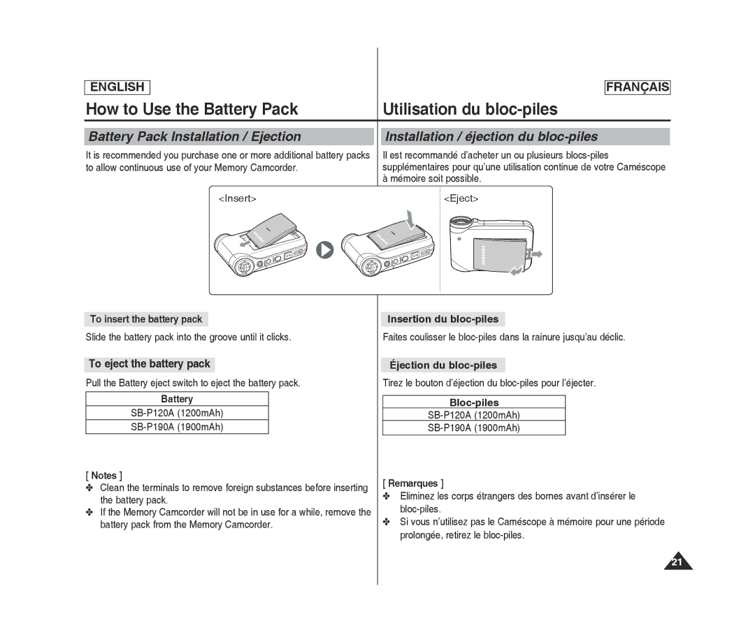 Samsung MM12S(BL), MM11S(BL) manual Insert Eject, To eject the battery pack, Éjection du bloc-piles, Bloc-piles, Battery 