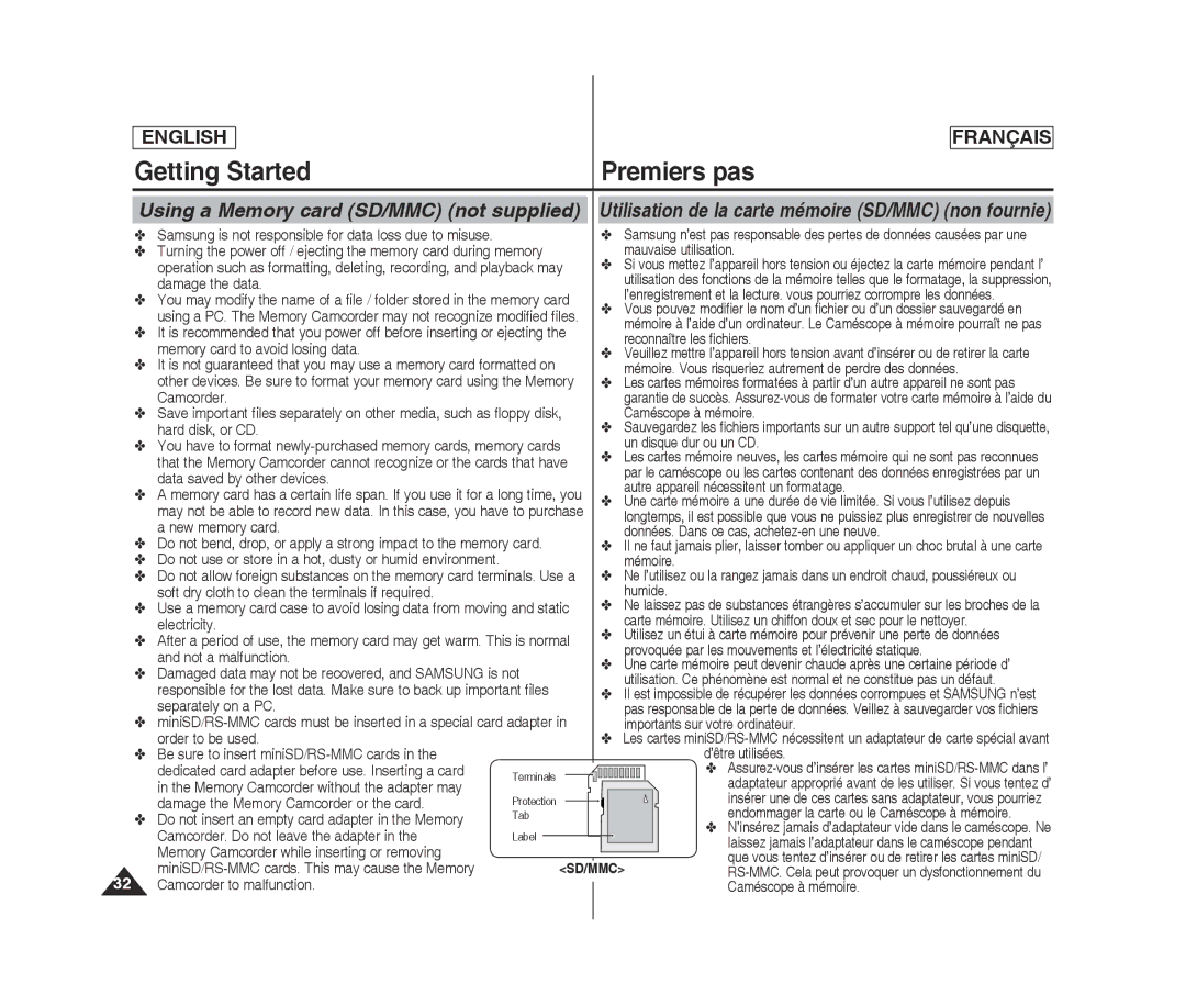 Samsung SC-MM10S(BL), MM12S(BL), MM11S(BL) manual Using a Memory card SD/MMC not supplied 