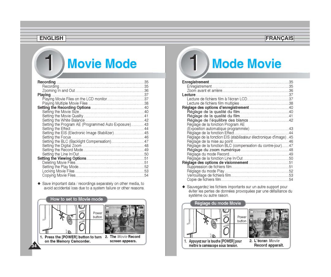 Samsung MM11S(BL), MM12S(BL), SC-MM10S(BL) manual Movie Mode, ’écran Movie Record apparaît 