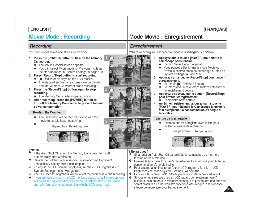 Samsung SC-MM10S(BL), MM12S(BL), MM11S(BL) manual Mode Movie Enregistrement, Recording Enregistrement 