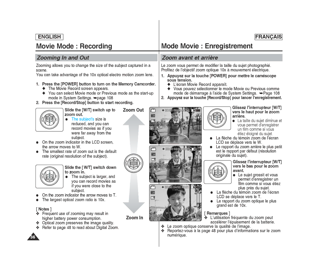 Samsung MM12S(BL) manual Movie Mode Recording Mode Movie Enregistrement, Zooming In and Out Zoom avant et arrière, Zoom Out 