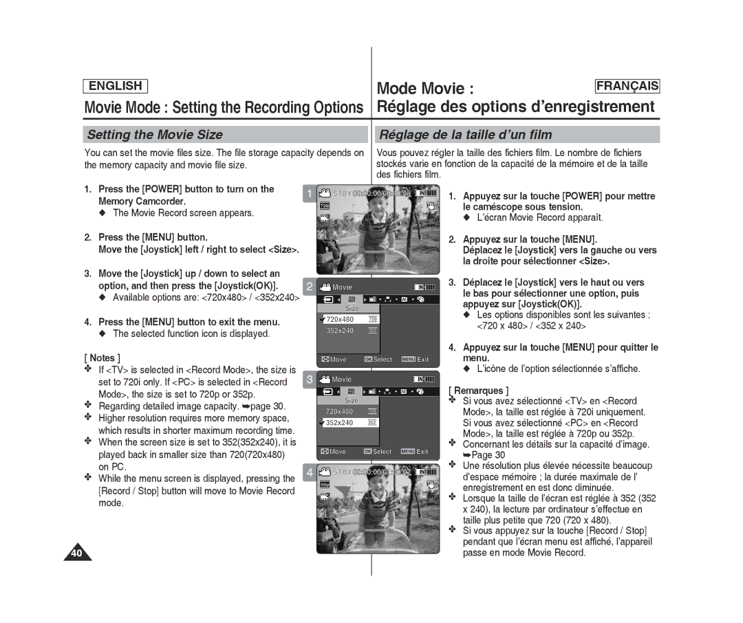 Samsung MM11S(BL), MM12S(BL), SC-MM10S(BL) manual Mode Movie, Setting the Movie Size, Réglage de la taille d’un film 