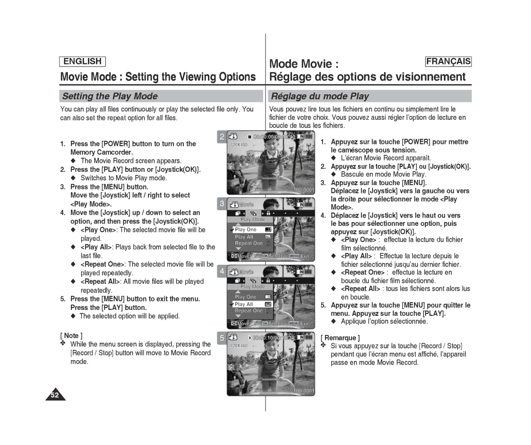 Samsung MM11S(BL), MM12S(BL), SC-MM10S(BL) Réglage des options de visionnement, Setting the Play Mode Réglage du mode Play 