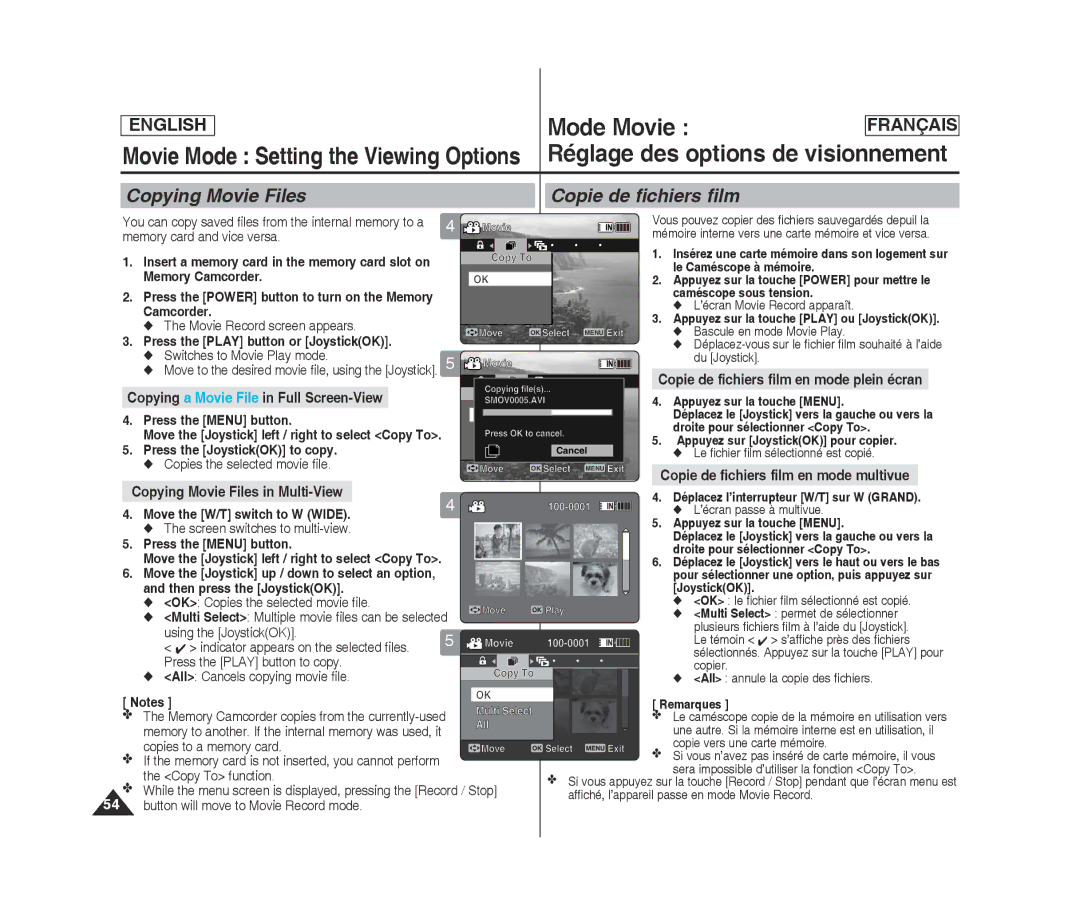 Samsung MM12S(BL), MM11S(BL) manual Copying Movie Files Copie de fichiers film, Copie de fichiers film en mode plein écran 