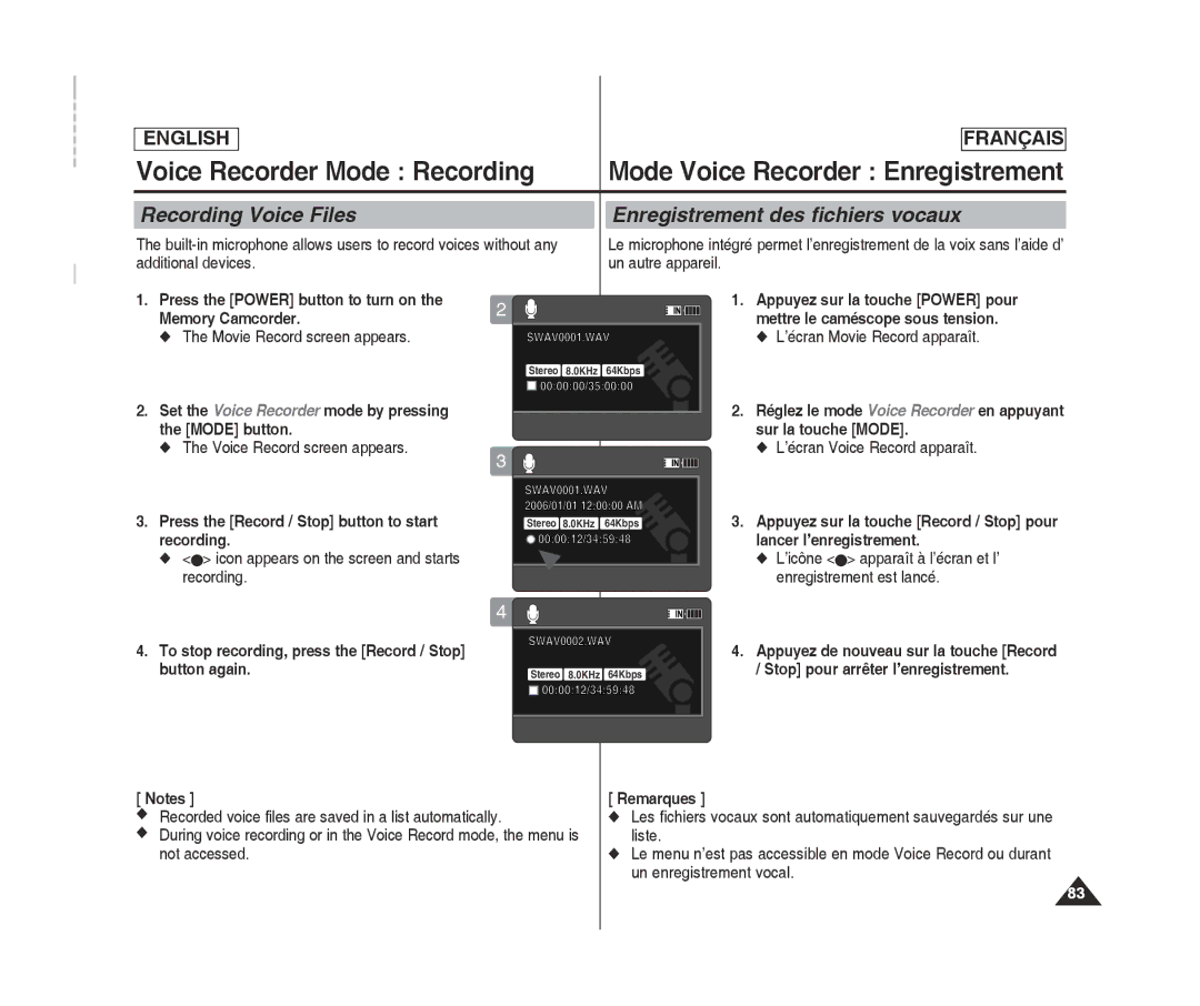 Samsung SC-MM10S(BL), MM12S(BL), MM11S(BL) manual Recording Voice Files Enregistrement des fichiers vocaux 