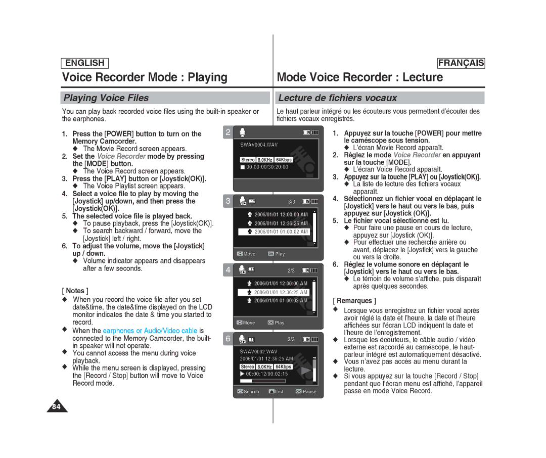 Samsung MM12S(BL), MM11S(BL), SC-MM10S(BL) manual Playing Voice Files Lecture de fichiers vocaux 