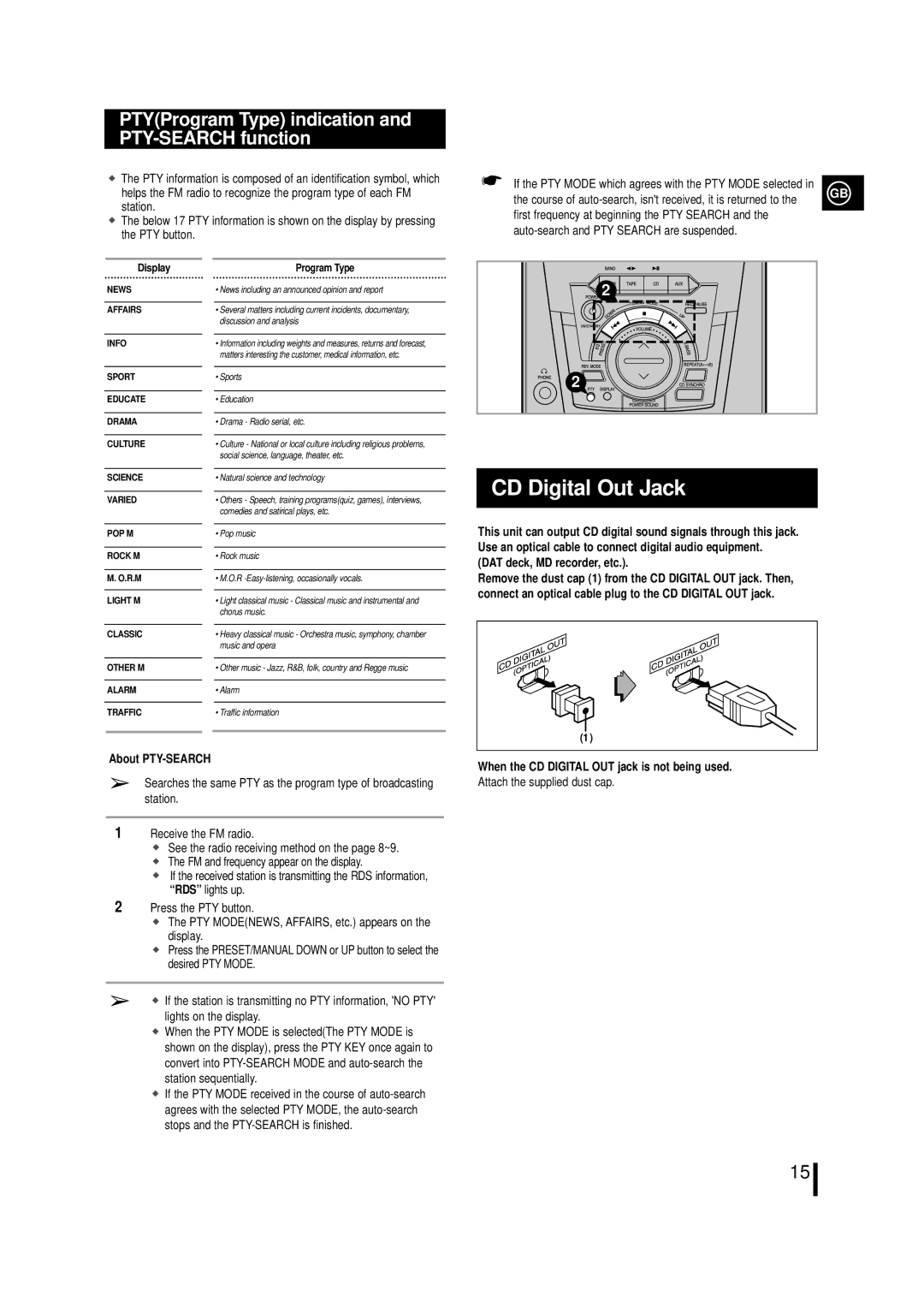 Samsung MM39RH/XEF CD Digital Out Jack, PTYProgram Type indication and PTY-SEARCH function, DAT deck, MD recorder, etc 