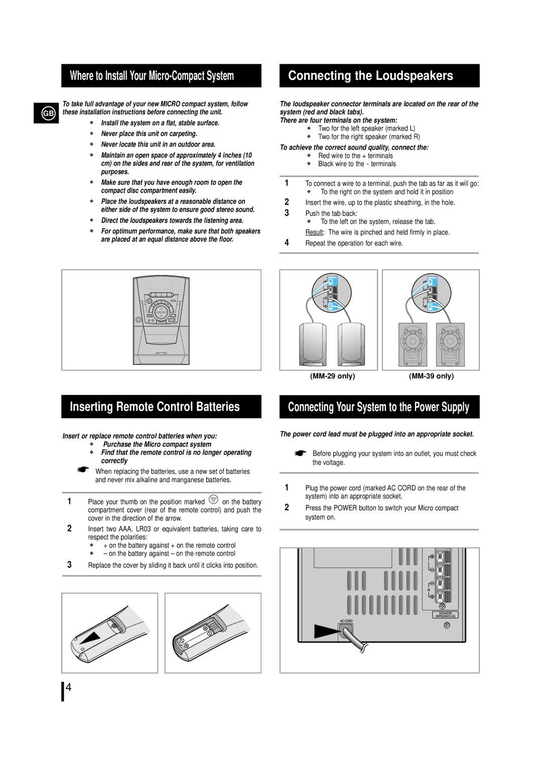 Samsung MM29RH/XET, MM29RH/XEG manual Inserting Remote Control Batteries, Connecting the Loudspeakers, MM-29 onlyMM-39 only 