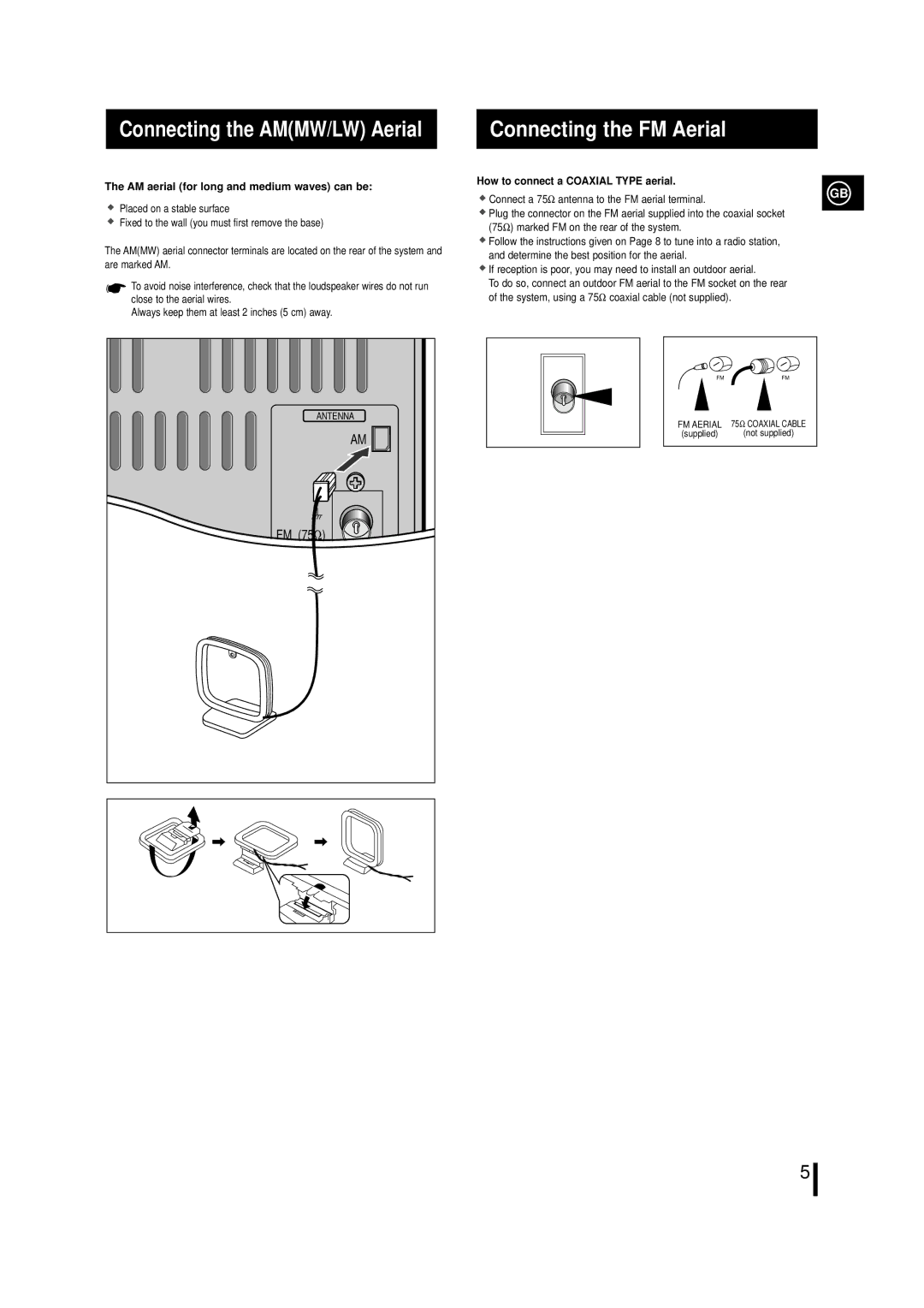 Samsung MM-39, MM29RH/XEG, MM39RH/XEF, MM29RH/XEF, MM-29, MM29RH/XET Connecting the AMMW/LW Aerial, Connecting the FM Aerial 