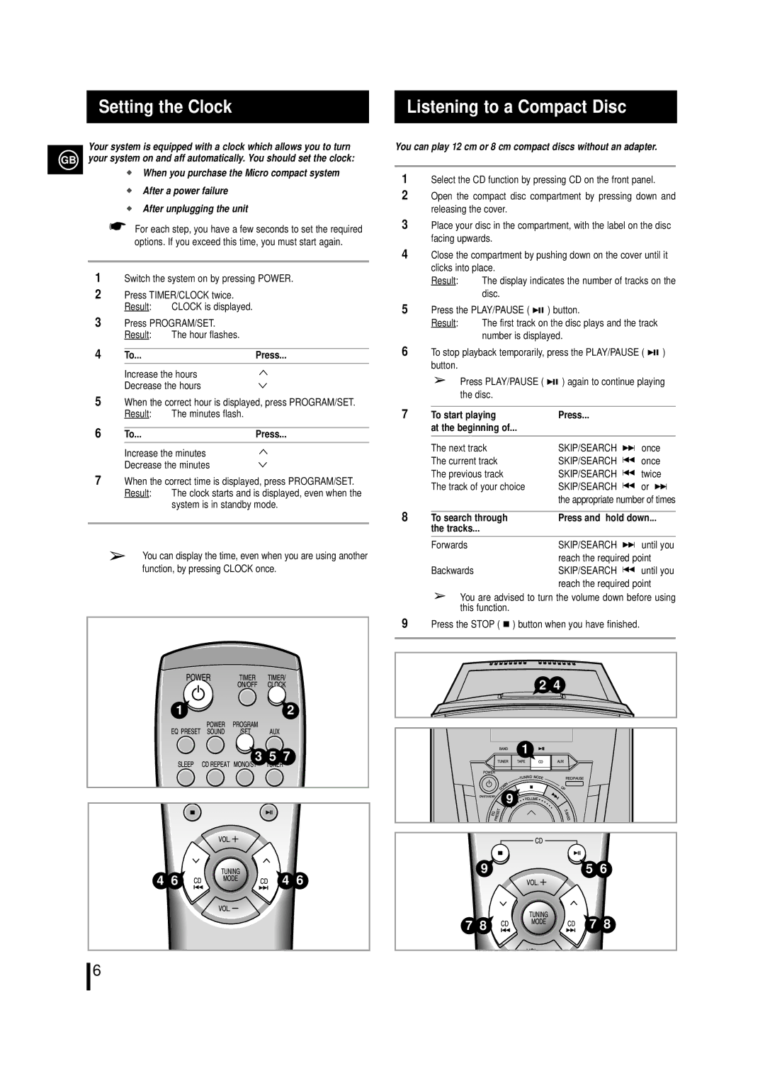 Samsung MM39RH/XET, MM29RH/XEG, MM39RH/XEF, MM29RH/XEF, MM-29, MM29RH/XET, MM-39 Setting the Clock, Listening to a Compact Disc 