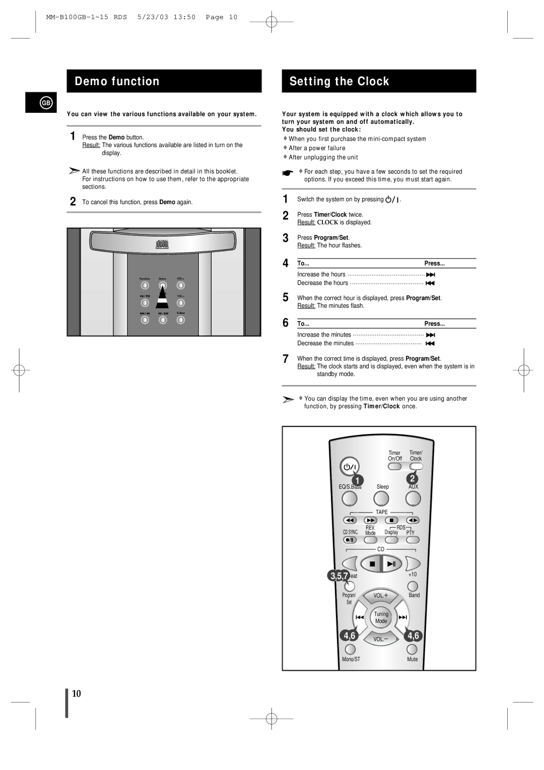 Samsung MMB100RH/ELS Demo function, Setting the Clock, You can view the various functions available on your system, Press 