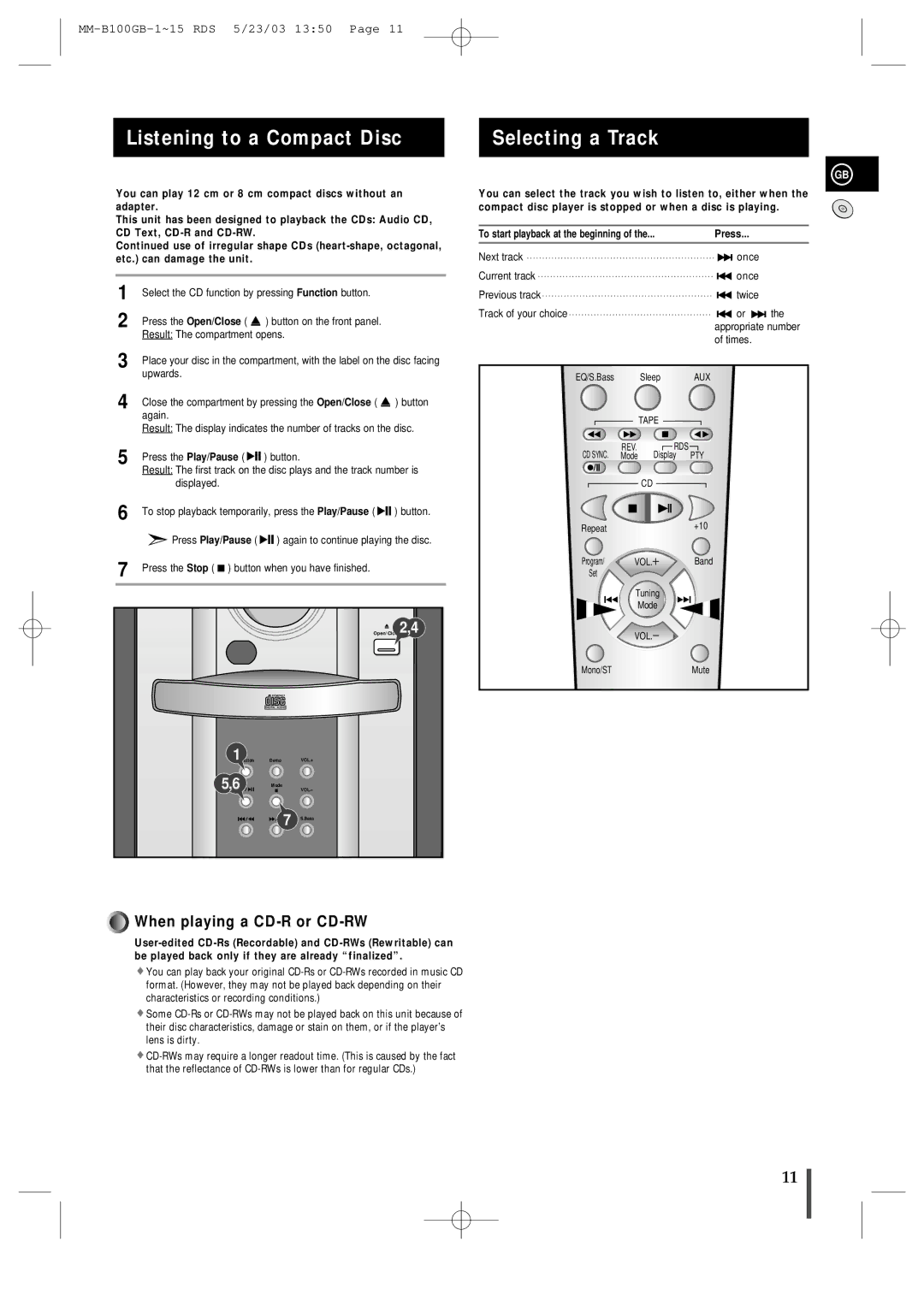 Samsung MMB100RH/ELS manual Listening to a Compact Disc, Selecting a Track 