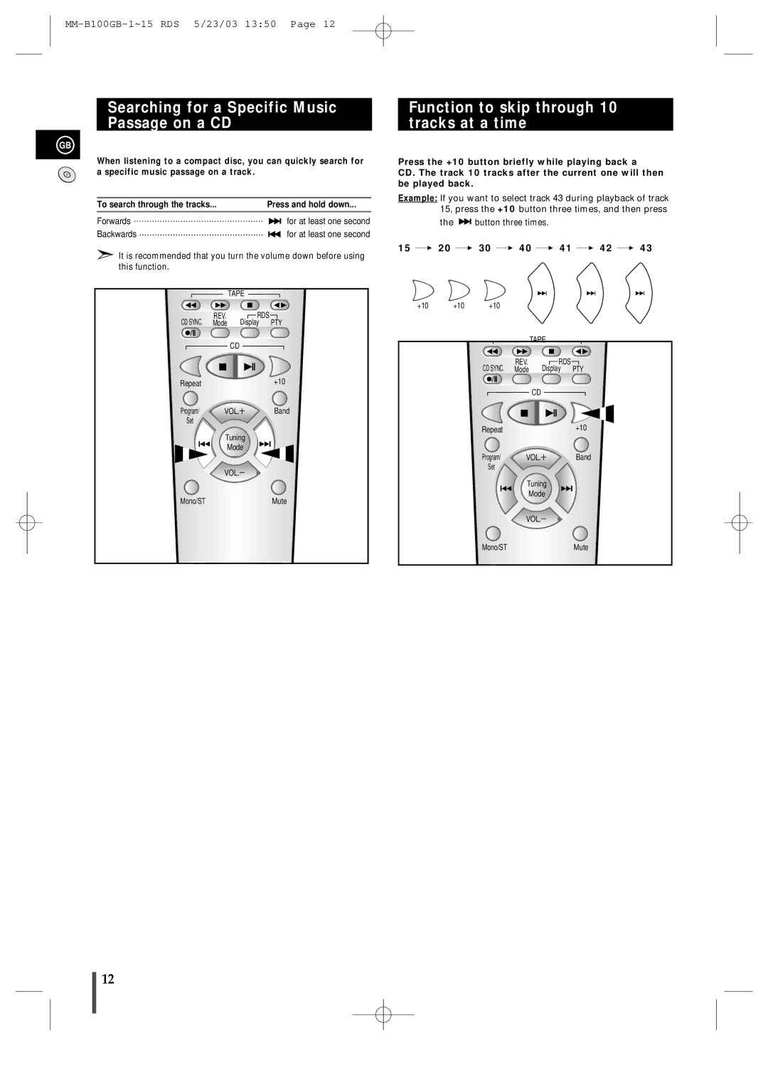 Samsung MMB100RH/ELS manual Searching for a Specific Music Passage on a CD, Function to skip through 10 tracks at a time 