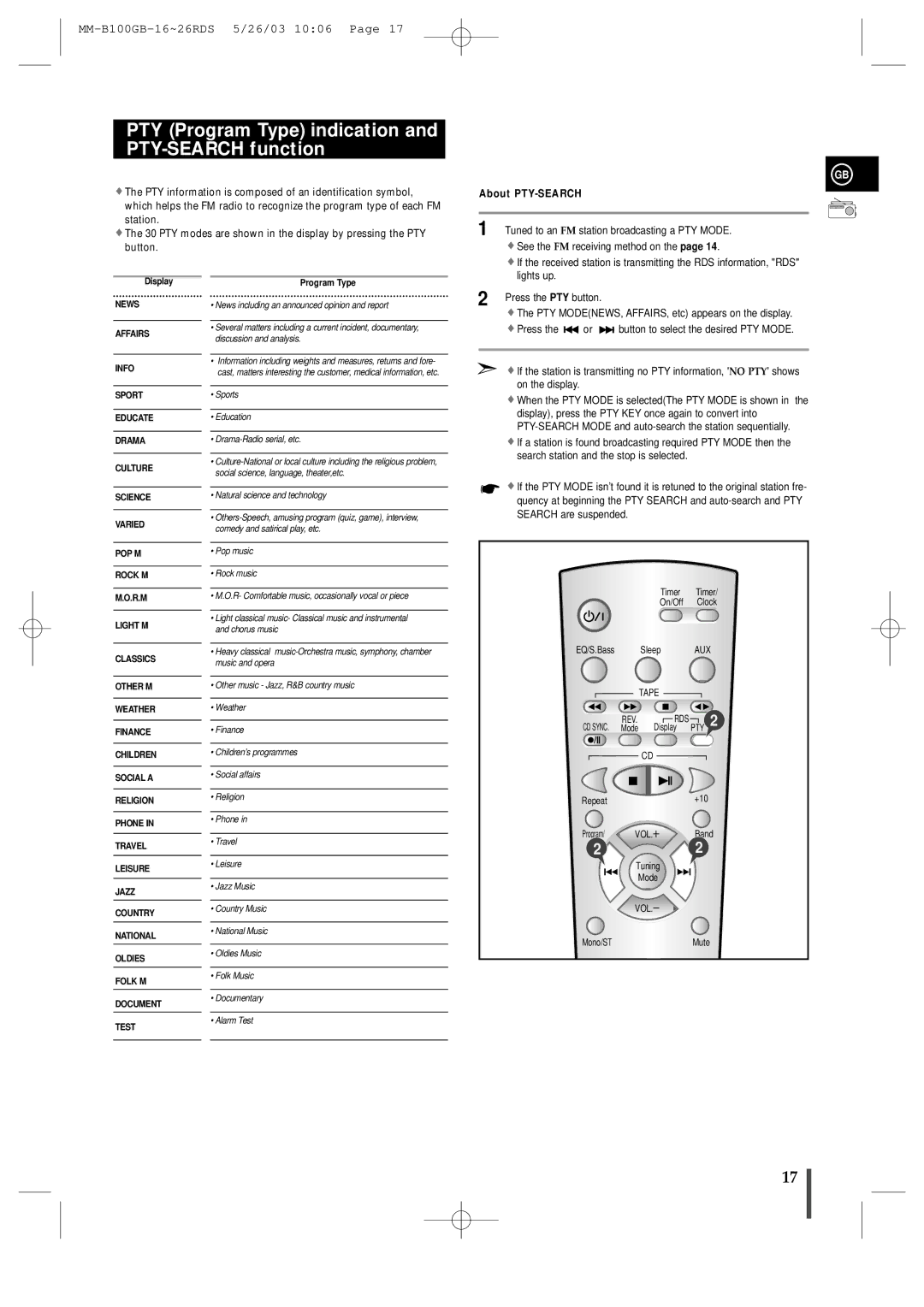 Samsung MMB100RH/ELS manual PTY Program Type indication and PTY-SEARCH function, About PTY-SEARCH 