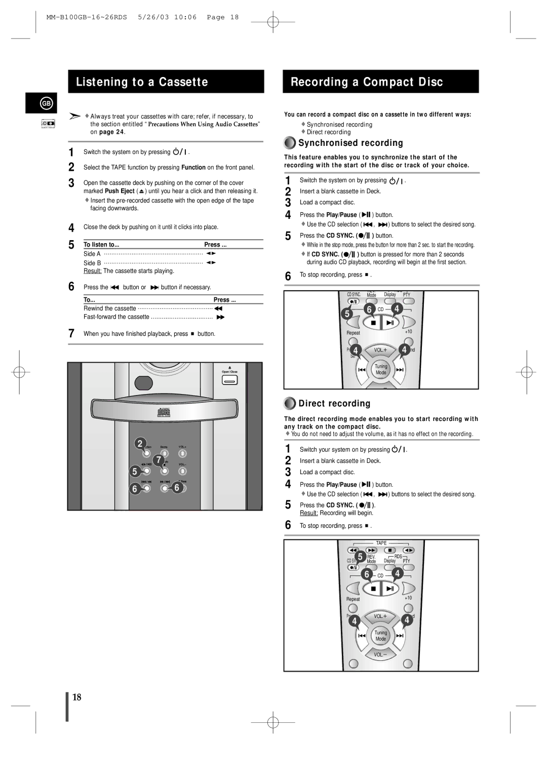 Samsung MMB100RH/ELS manual Listening to a Cassette, Recording a Compact Disc, Press the CD Sync 