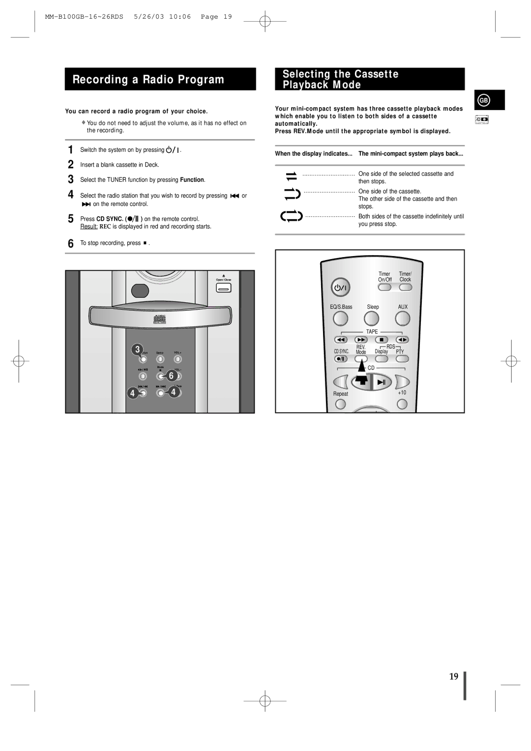 Samsung MMB100RH/ELS manual Recording a Radio Program, Selecting the Cassette Playback Mode, Press CD Sync 