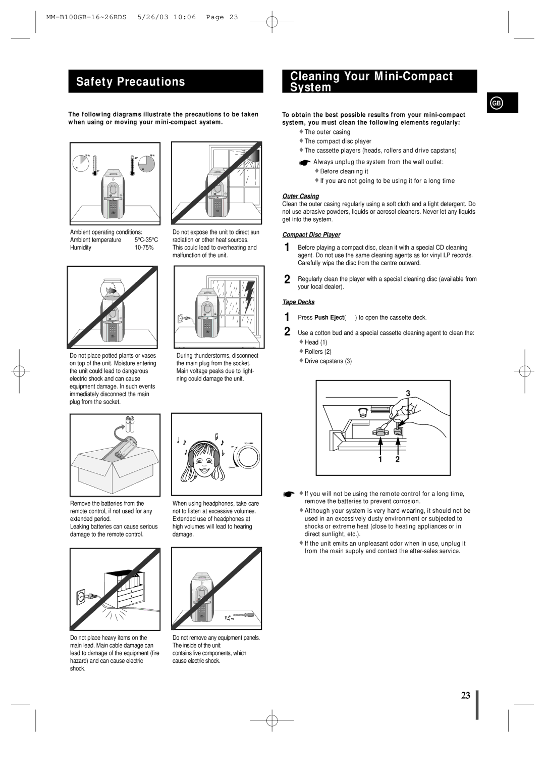 Samsung MMB100RH/ELS manual Safety Precautions Cleaning Your Mini-Compact System, Press Push Eject 