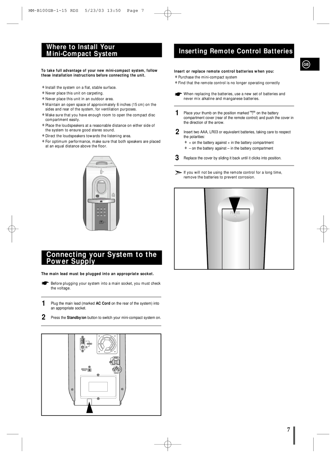 Samsung MMB100RH/ELS manual Connecting your System to the Power Supply, Where to Install Your Mini-Compact System 