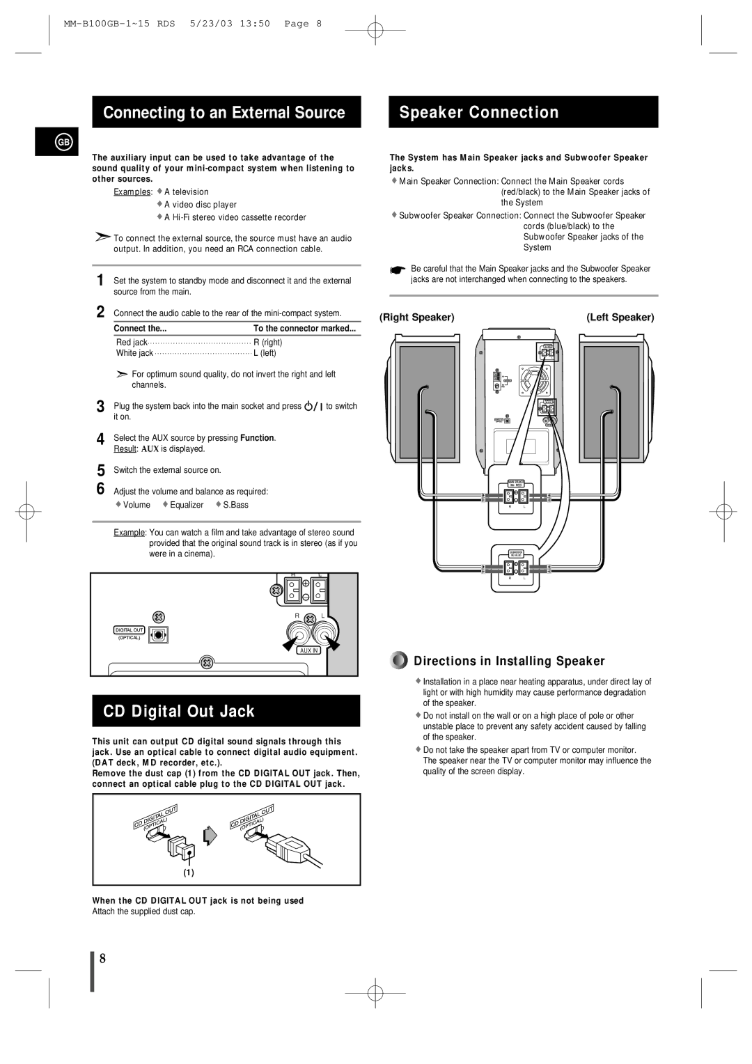 Samsung MMB100RH/ELS manual Connecting to an External Source, Speaker Connection, CD Digital Out Jack 